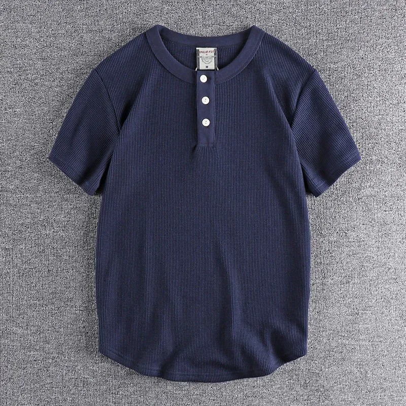 Summer New American Retro Waffle Henry Collar T-shirt Men's Fashion Simple Pure Cotton Washed Old Short Sleeve Casual Loose Tops
