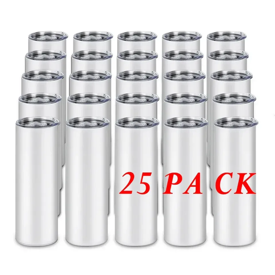 25Pcs Sublimation Blank Straight Cup with Lid Water Bottles 20OZ Tumbler Coffee Cup Mug Stainless Steel Vacuum Insulated Thermos
