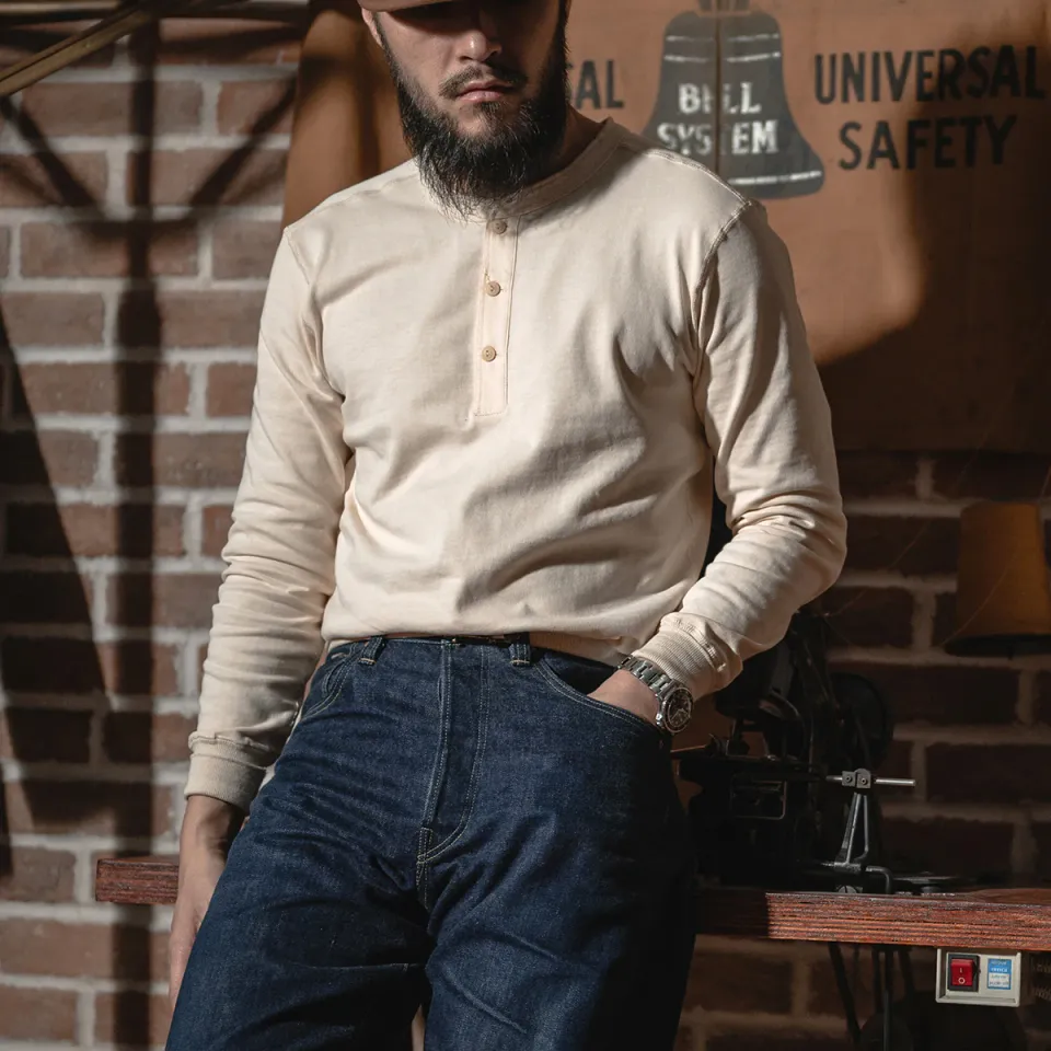 Bronson 350g Heavyweight L/S Henley Shirt Vintage Plain Base T-Shirt For Men