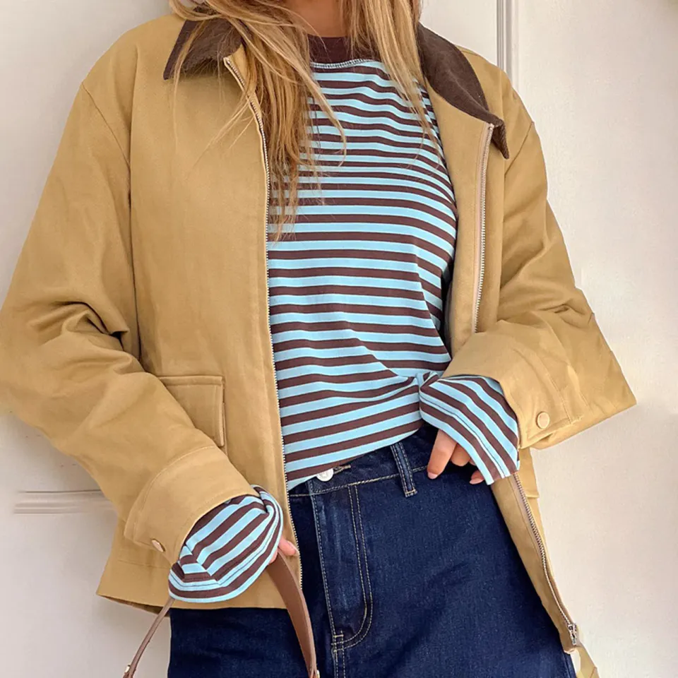 Striped Long Sleeve T Shirt Women Y2k Oversized Crewneck Sweatshirt Aesthtic Vintage Autumn Drop Shoulder Cute Going Out Tops